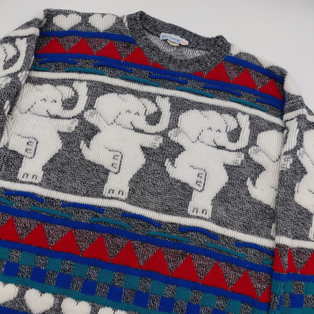 Vtg Rose Dancing Elephant AOP Raised 3D Acrylic Knit Sweater Oversized M/L